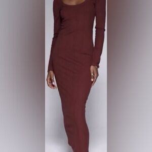 ASOS DESIGN spaced ribbed long sleeve scoop midi dress in burgundy/Size 6